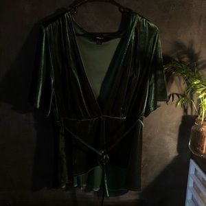 Velvet Low V Neck Blouse with String to Tie